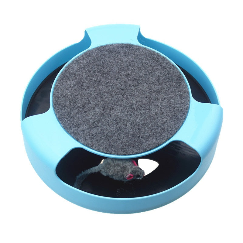 Cat interactive toy with light blue base, gray top pad, and mouse toy