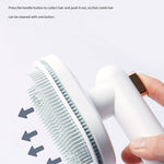 Pet hair removal comb showing press handle for collecting hair in one motion