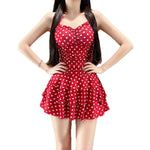 Red polka-dot one-piece skirt swimsuit with ruched neckline and tiered ruffle skirt