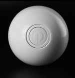 LED rolling cat toy ball, white with circular control panel and black trim