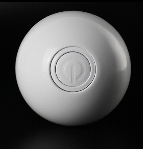 LED rolling cat toy ball, white with circular control panel and black trim