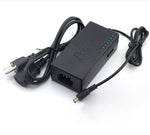 Universal power adapter with LED indicator lights and attached power cord, DC barrel plug