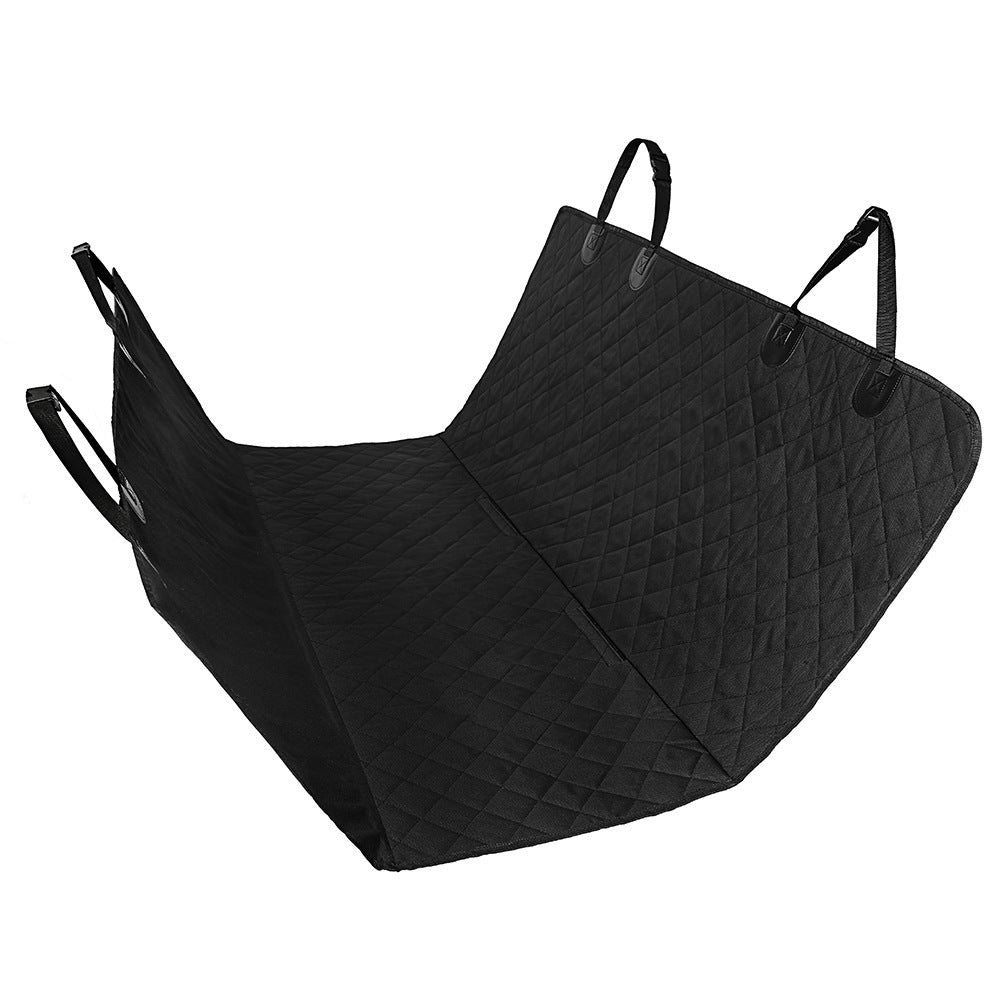 Black quilted car seat hammock cover with top attachment straps and curved side flaps
