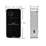 Laser projection keyboard size diagram showing power button and micro USB port