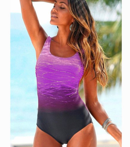 One-piece swimsuit, purple ombre effect with dark bottom, scoop neckline