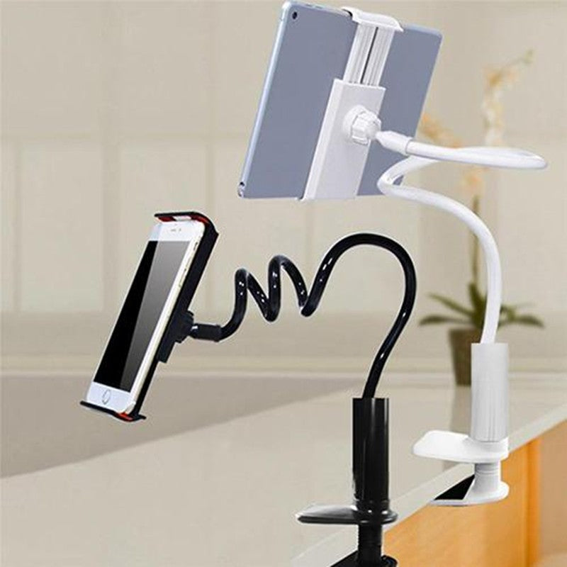 White flexible phone and tablet stand with spiral arm and raised cradle