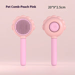 Self-cleaning pet grooming comb with spray, pink round pin brush head and button.