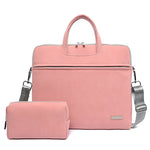 PU leather laptop bag with top handle, pink shoulder straps, and matching front pouch