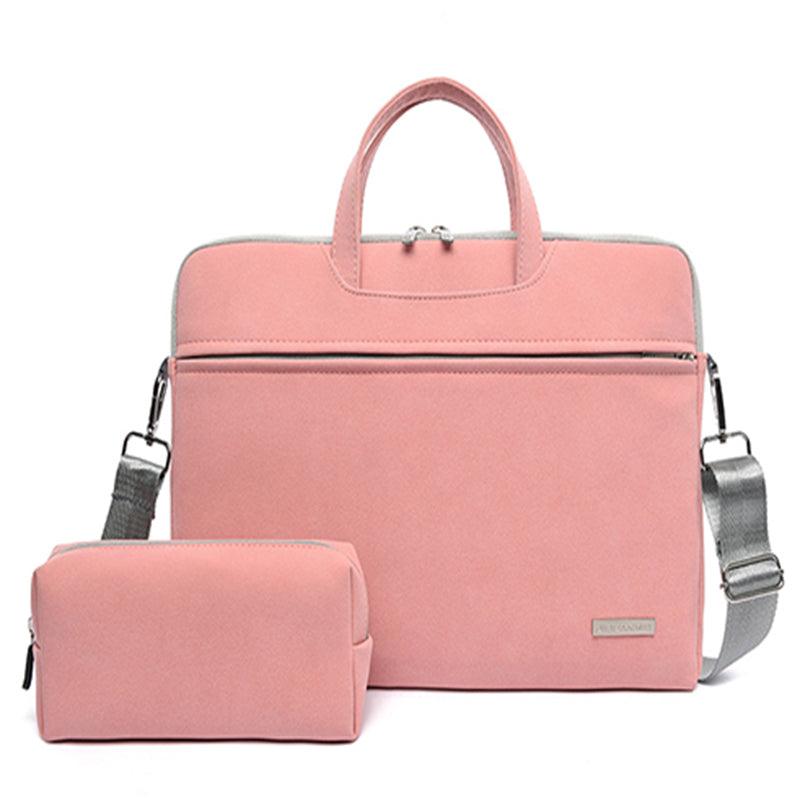 PU leather laptop bag with top handle, pink shoulder straps, and matching front pouch