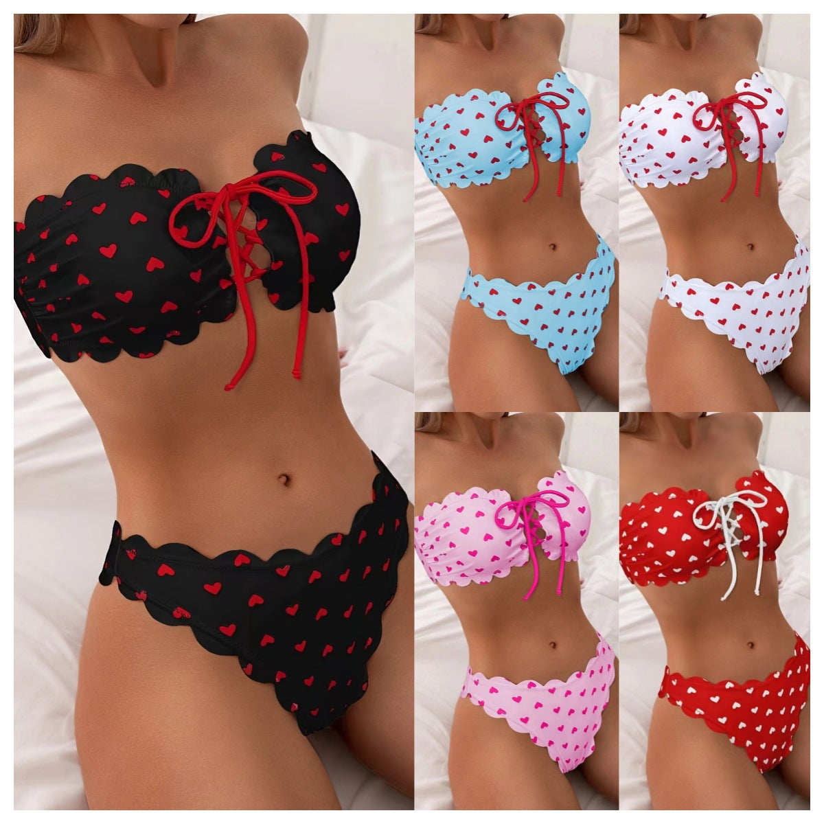 Black printed tube-top bikini with red hearts, scalloped edges, tie-front drawstring high-waist briefs