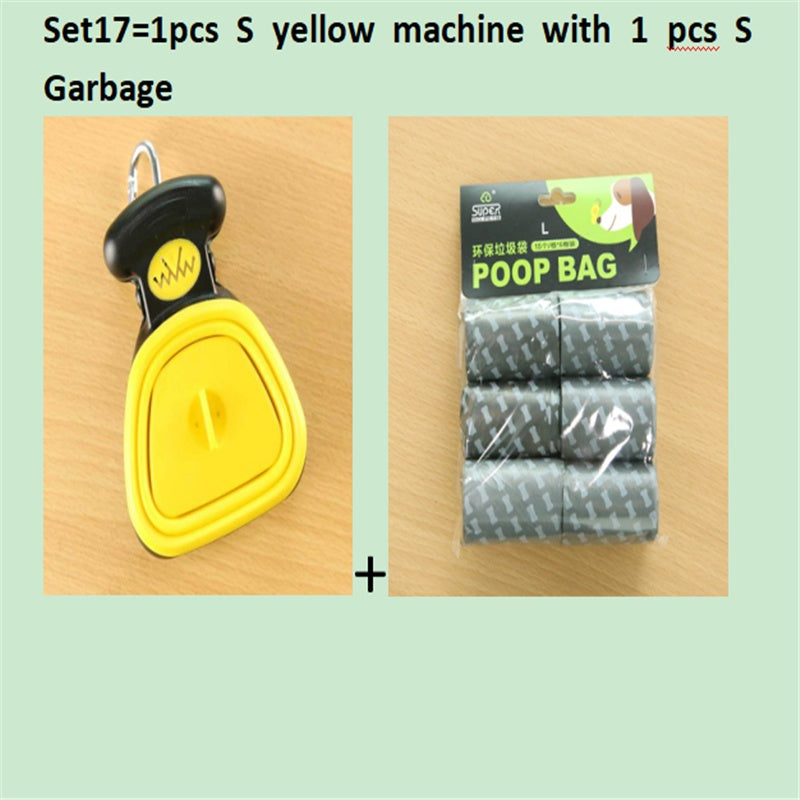 Yellow foldable dog poop scooper with black top, includes poop bag pack.