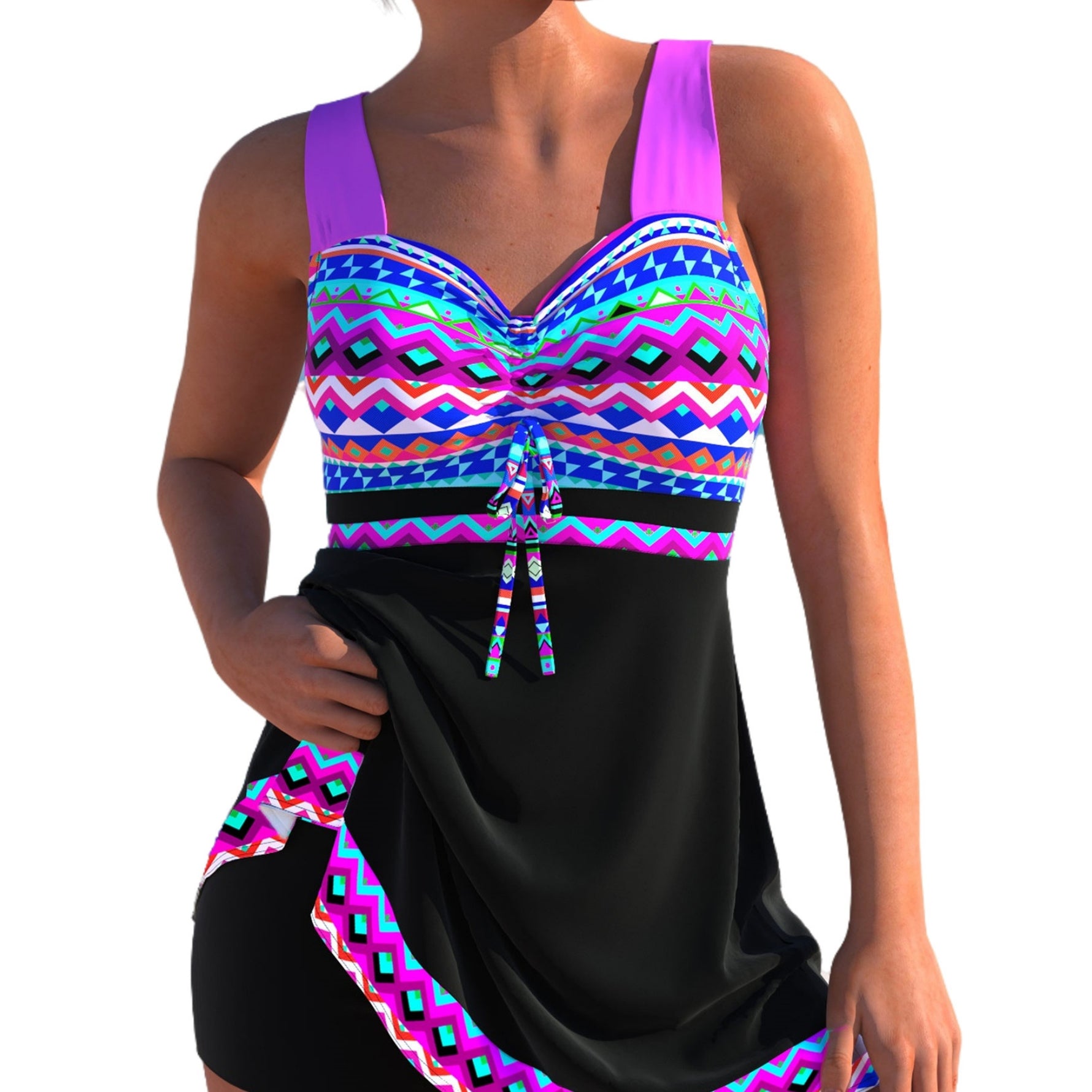 Women’s plus-size quick-dry swim skirt swimsuit with purple patterned bikini top and black skirt