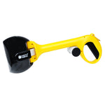 Automatic foldable pet waste scooper with yellow handle, black scoop, black release button