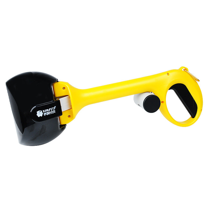 Automatic foldable pet waste scooper with yellow handle, black scoop, black release button