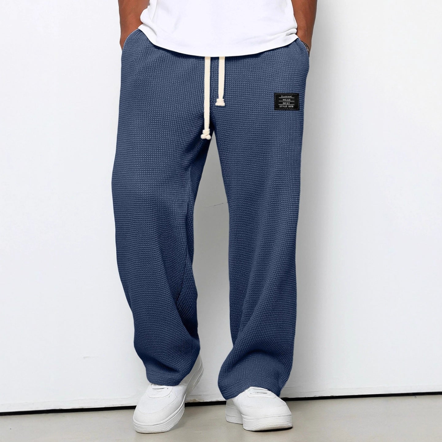 Men's waffle drawstring trousers, loose straight fit, navy blue