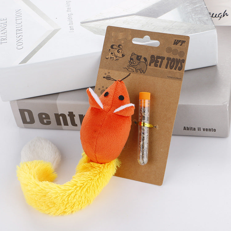 Plush long-tail mouse toy, orange, on pet toys card with wand charm