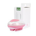 Pink pet bath brush with silicone massage pad and pink bristle comb in retail box