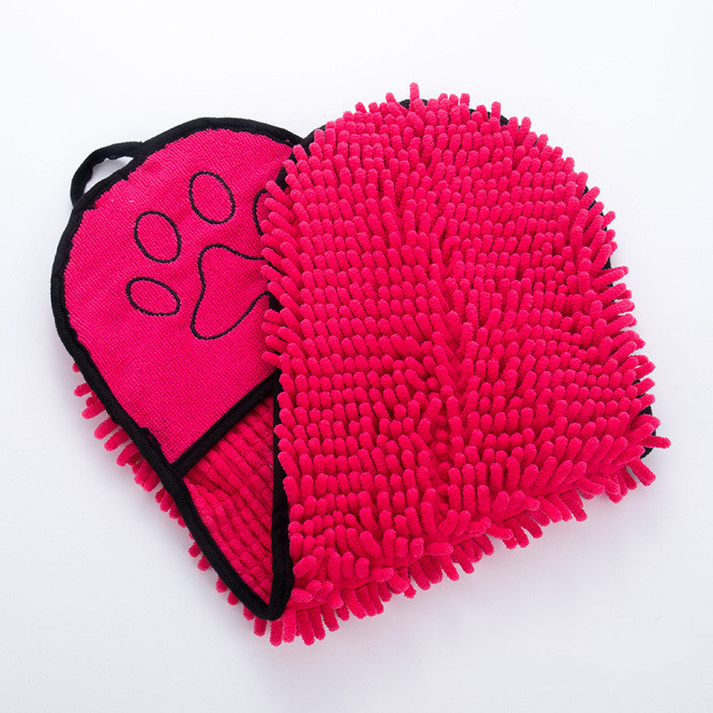 Pink heart-shaped microfiber pet drying towel with paw print and black trim