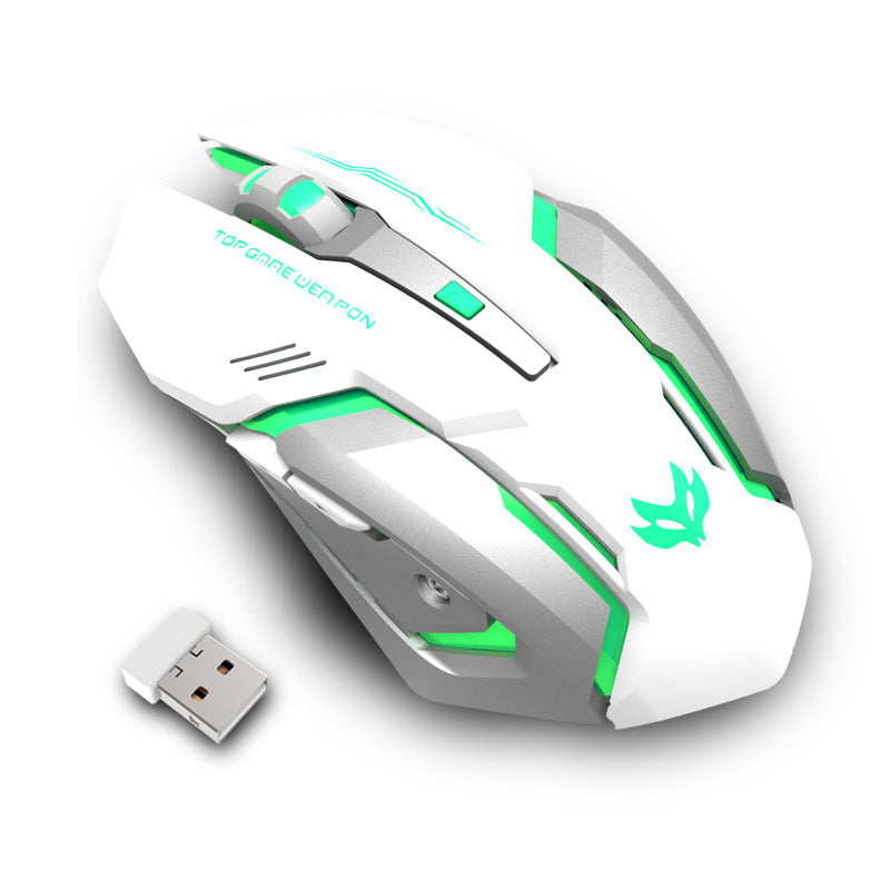 White wireless gaming mouse with green LED accents and USB dongle