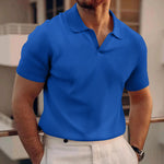 Men's waffle V-neck polo shirt, short sleeves, blue, textured knit with button placket