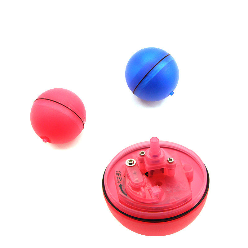 LED rolling cat toy balls in red and blue with open red underside