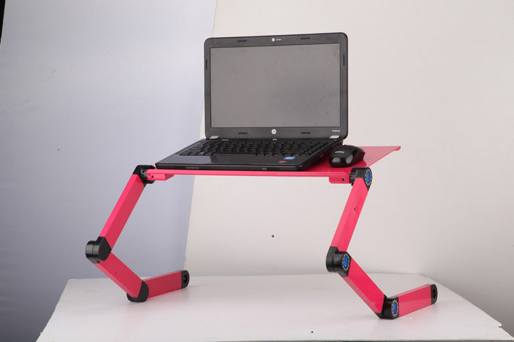 Red laptop stand with folding legs, adjustable height, and mouse pad tray