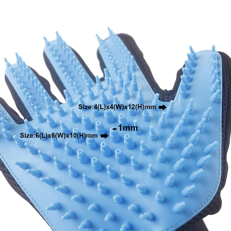 Blue silicone grooming glove with raised nubs and black fabric wrist strap