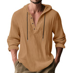 Men's hooded cotton-linen pullover shirt in tan with drawstring cords and button placket