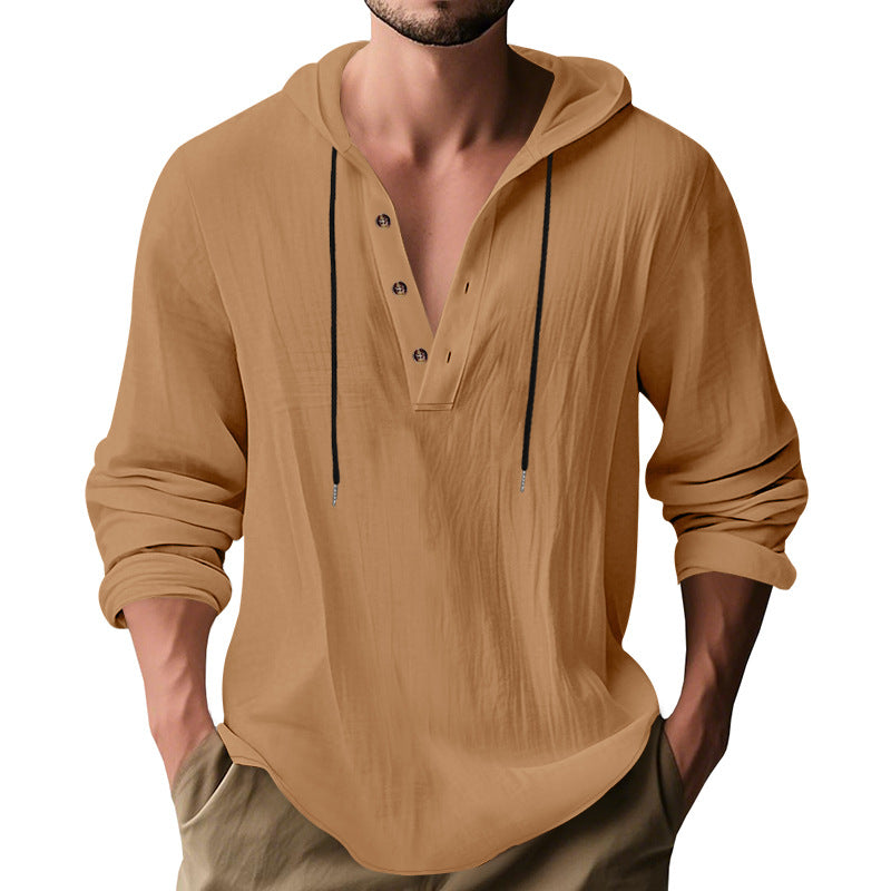 Men's hooded cotton-linen pullover shirt in tan with drawstring cords and button placket