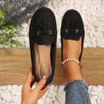 Women’s black loafers with round toe, lace-up vamp, stitched flat sole