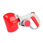Automatic foldable pet waste scooper with red scoop and red release button on white handle