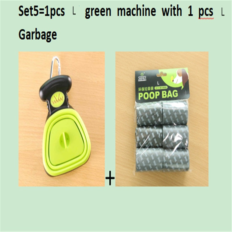 Green foldable dog pooper scooper with black patterned waste bag pack
