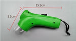 Green treat launcher toy with clear front dome and black trigger switch, side view.
