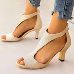 Women’s high-heel fish-mouth sandals in beige suede, open toe and mid-height heel