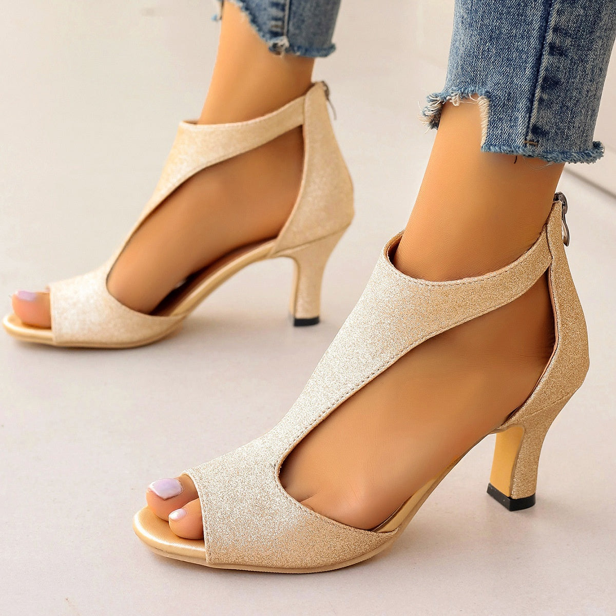 Women’s high-heel fish-mouth sandals in beige suede, open toe and mid-height heel