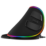 Vertical ergonomic wired RGB mouse, angled view showing dual buttons and rainbow LED trim