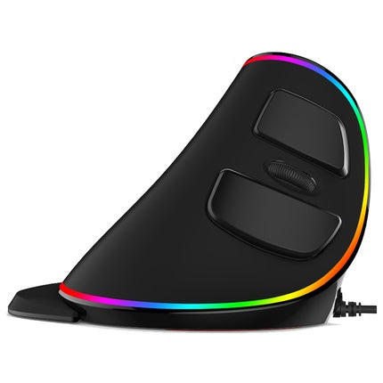 Vertical ergonomic wired RGB mouse, angled view showing dual buttons and rainbow LED trim