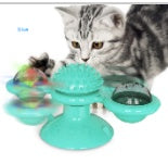 Teal rotating windmill cat toy with spring balls and two circular side discs