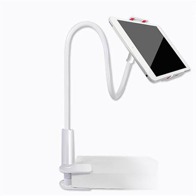 White flexible phone and tablet stand with curved spiral arm and tablet cradle