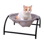 Pet camping bed with grey mesh hammock and black metal stand