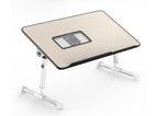 Adjustable foldable laptop desk stand with beige top, black trim, and cooling mesh vent