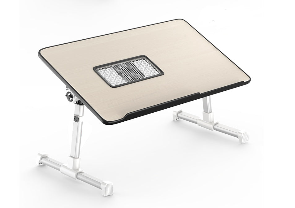 Adjustable foldable laptop desk stand with beige top, black trim, and cooling mesh vent