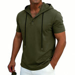 Men's short-sleeve hoodie Henley T-shirt with drawstring, army green color