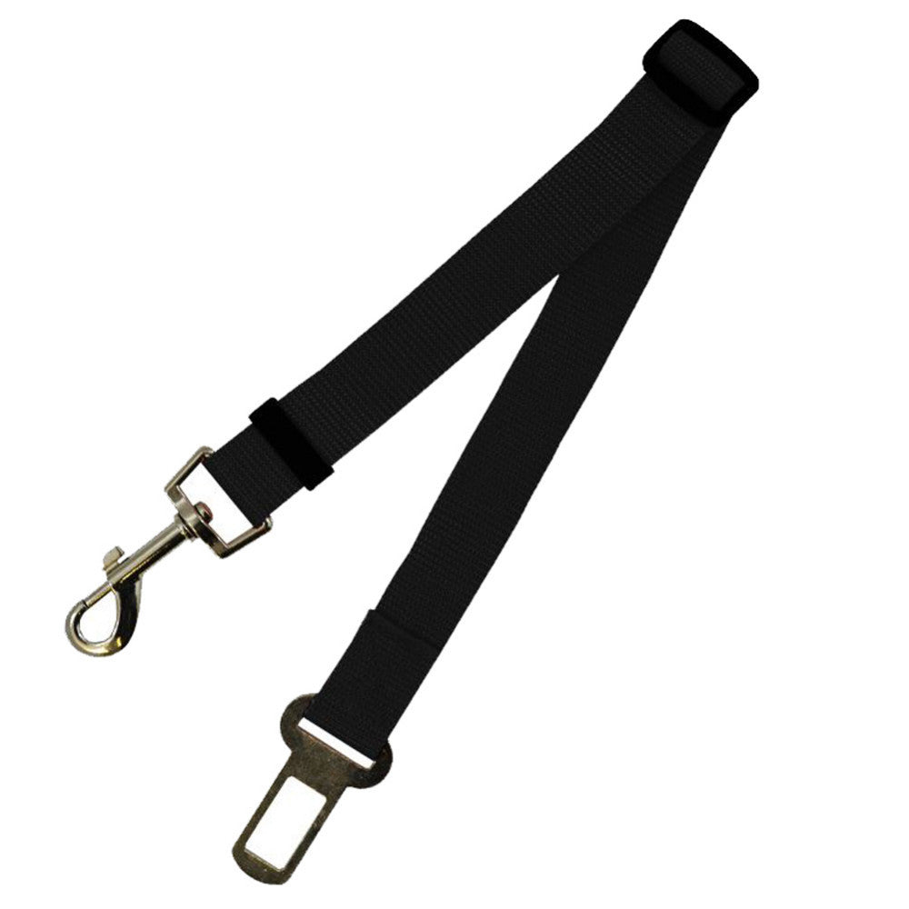 Black adjustable dog car seat belt strap with black buckle and metal hook