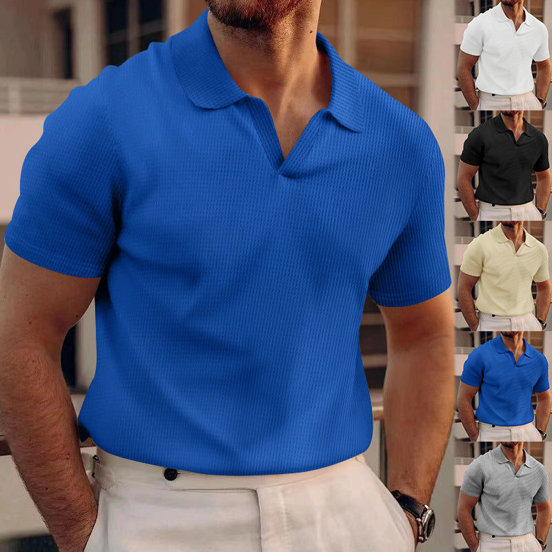 Men's waffle V-neck polo shirt, short sleeves, blue with button placket and ribbed texture