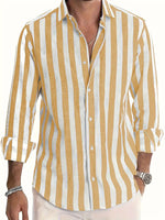 Men's striped button-up long-sleeve shirt with white and yellow vertical stripes, chest detail