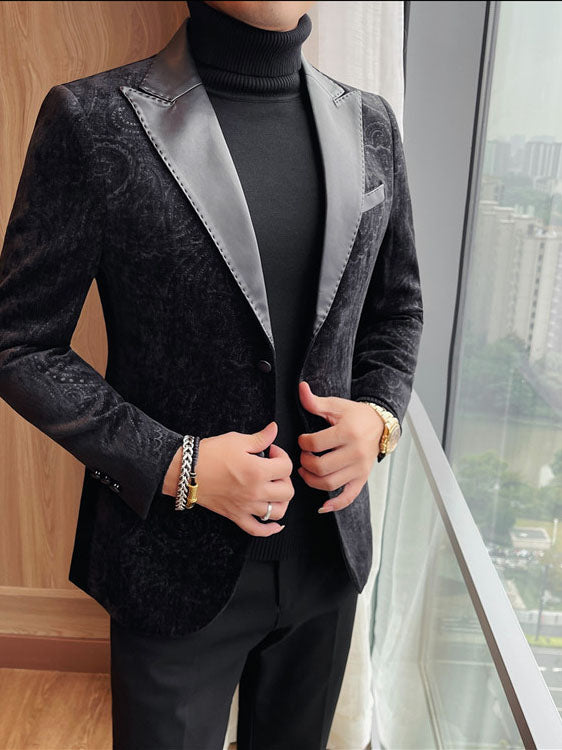 Luxurious Velvet Jacquard Leather Lapel Blazer for Men - Elevate Your Style