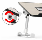 Adjustable foldable laptop desk stand with height mechanism on white frame and beige top