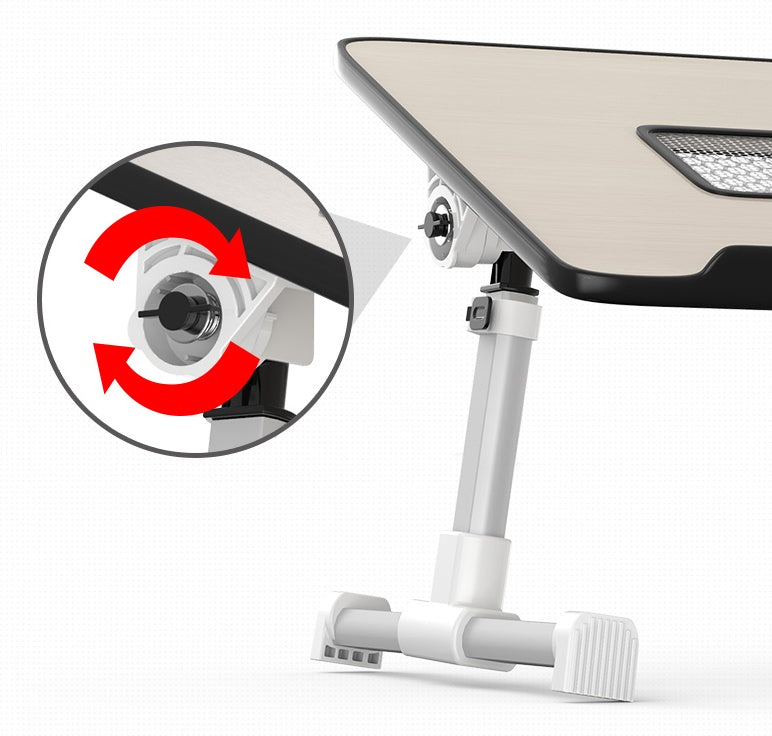 Adjustable foldable laptop desk stand with height mechanism on white frame and beige top