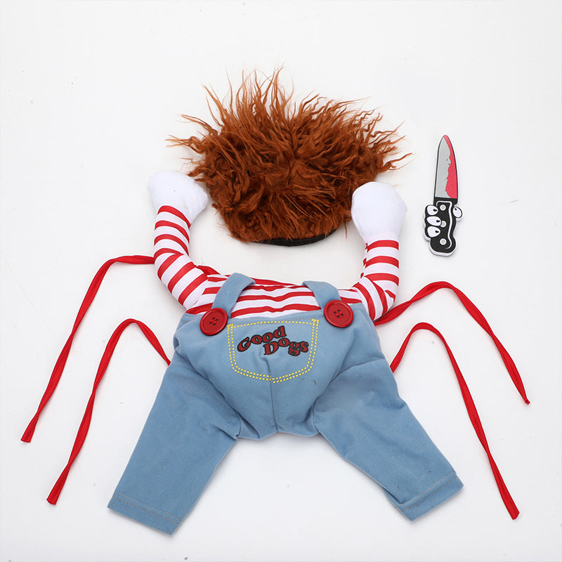 Dog Halloween costume flat lay: orange wig, striped arms, light-blue overalls, knife and red ties